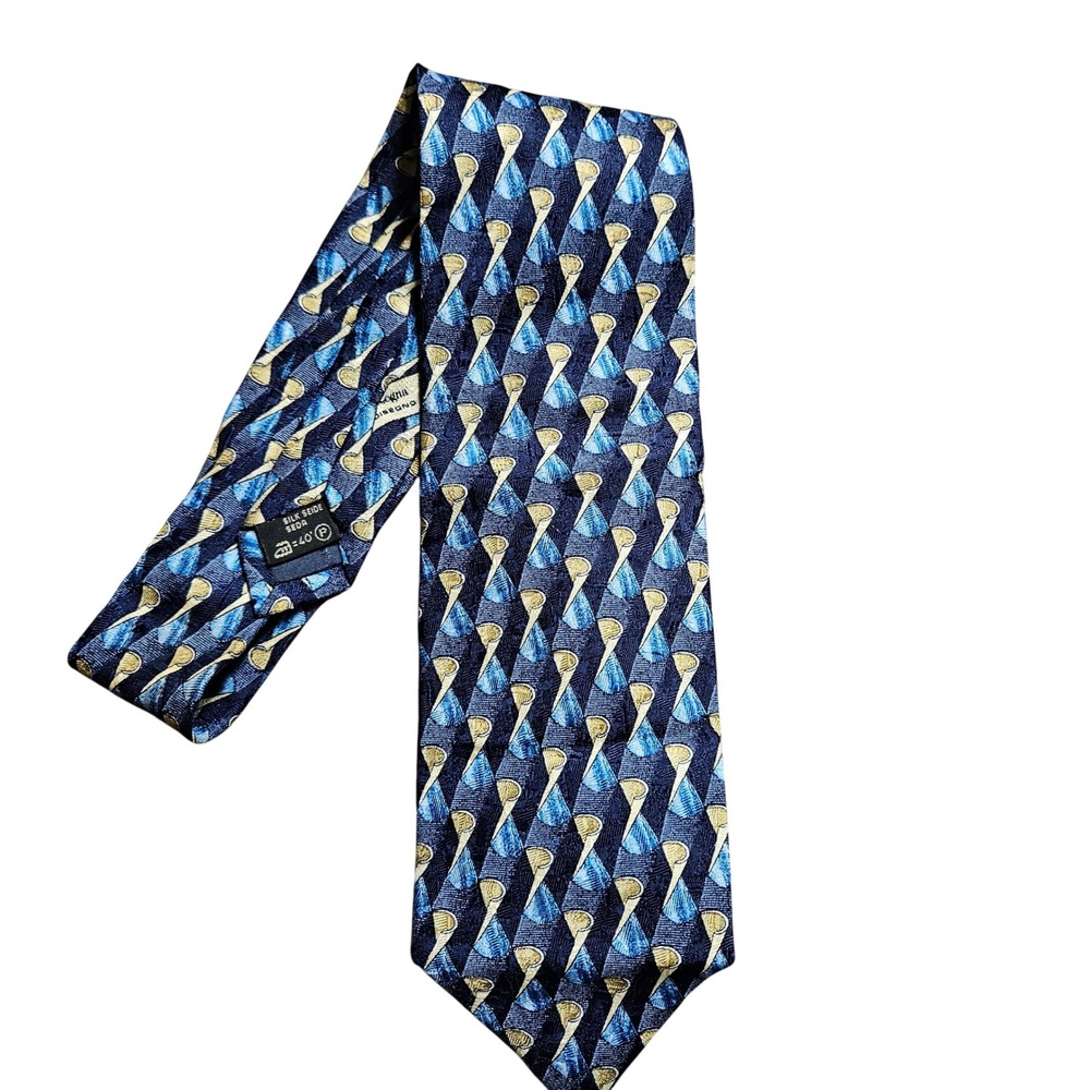 Ermenegildo Zegna Silk Tie Geometric‎ Abstract Blue Gold Quiet Luxury Designer
